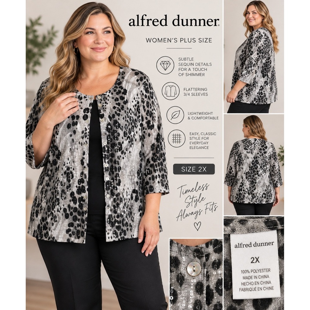 Alfred Dunner Woman 2X Grey Leopard Print Sequin Button Front 3/4 Sleeve Top